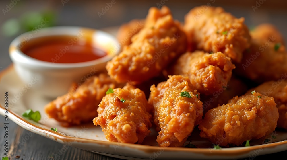 Closeup of crispy fried chicken bites with dipping sauce. Closeup of crispy fried chicken bites with dipping sauce.