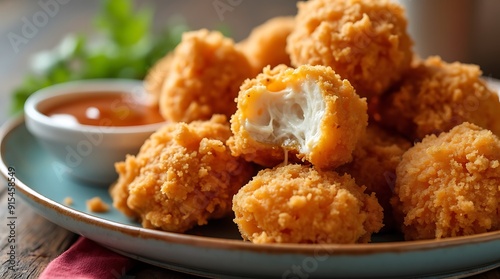Closeup of crispy fried chicken bites with dipping sauce.
