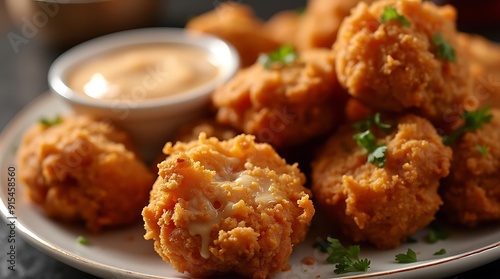 Closeup of crispy fried chicken bites with dipping sauce.