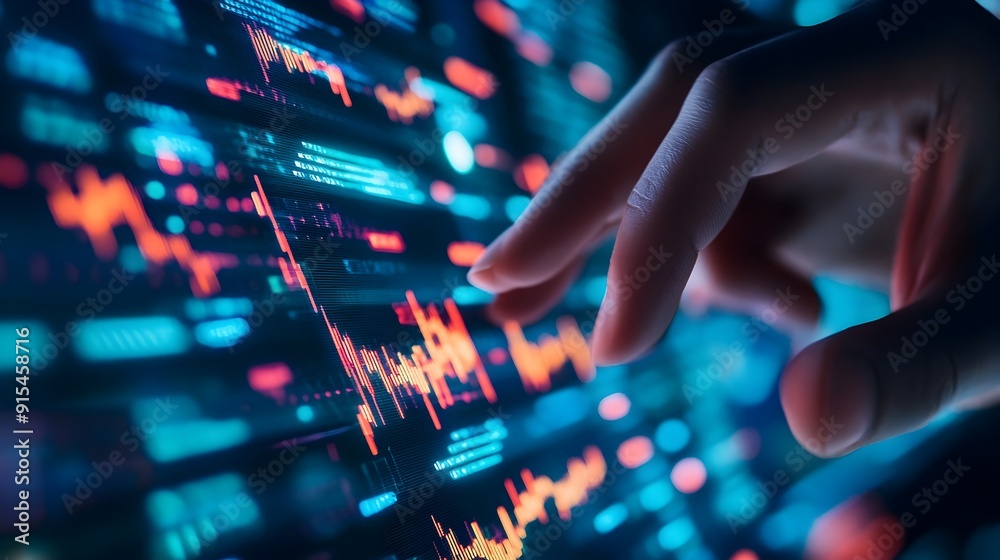 Hand Touching Digital Finance Data Charts on Futuristic Screen