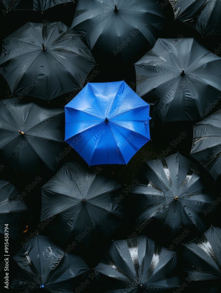 A blue umbrella in the middle of black umbrellas. Blue umbrella surrounded by many black umbrellas A blue umbrella in the middle of black umbrellas. Blue umbrella surrounded by many black umbrellas
