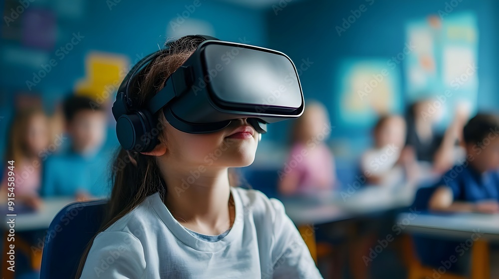 Virtual Reality Headset Used by Students in Futuristic Classroom Environment Virtual Reality Headset Used by Students in Futuristic Classroom Environment
