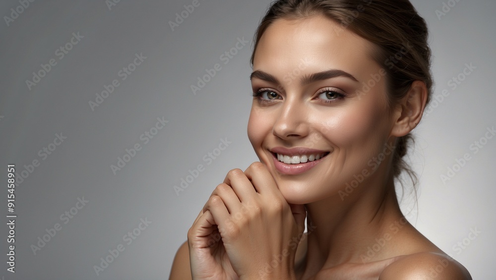 Smiling woman with natural look and neat hair bun Smiling woman with natural look and neat hair bun