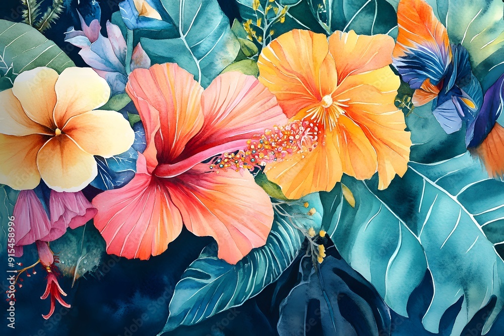 custom made wallpaper toronto digitalVibrant Watercolor Hibiscus Flowers