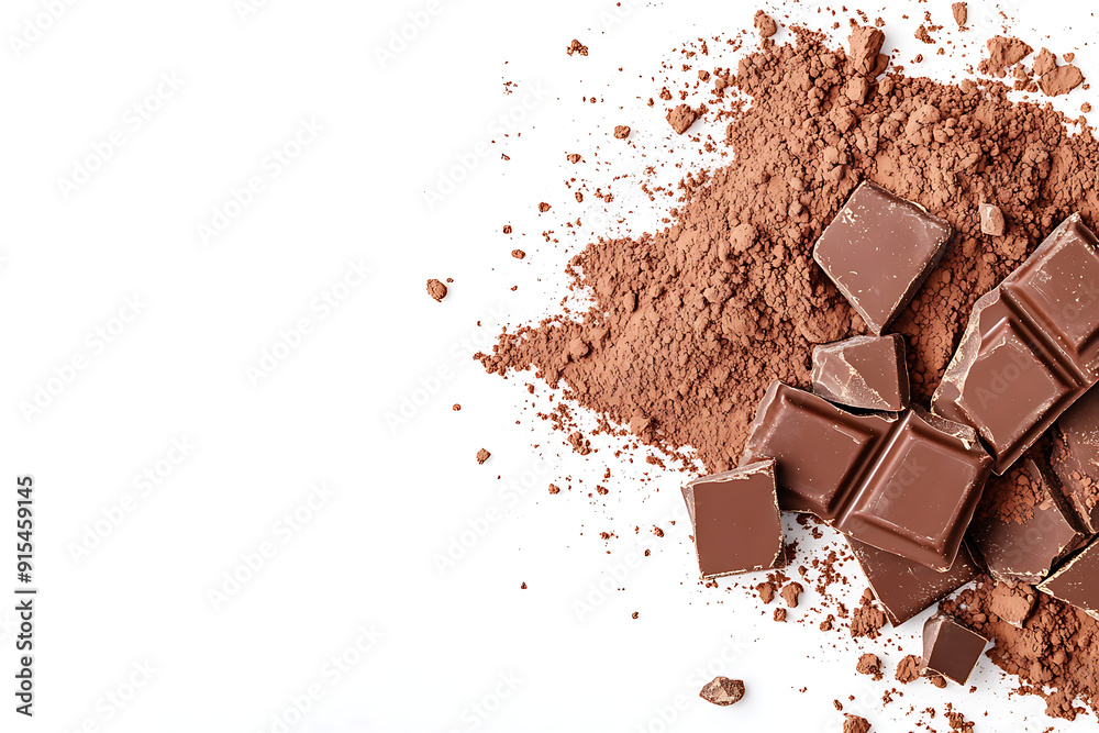 Fototapeta premium Heap of broken pieces of chocolate on white background