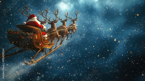 Joyful Christmas scene of Santas sleigh and reindeer flying through the sky, leaving room in the center for text. Perfect for holiday wishes.