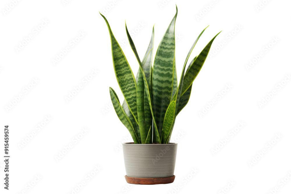 Snake plant with upright, sword-like leaves, isolated on a white background.