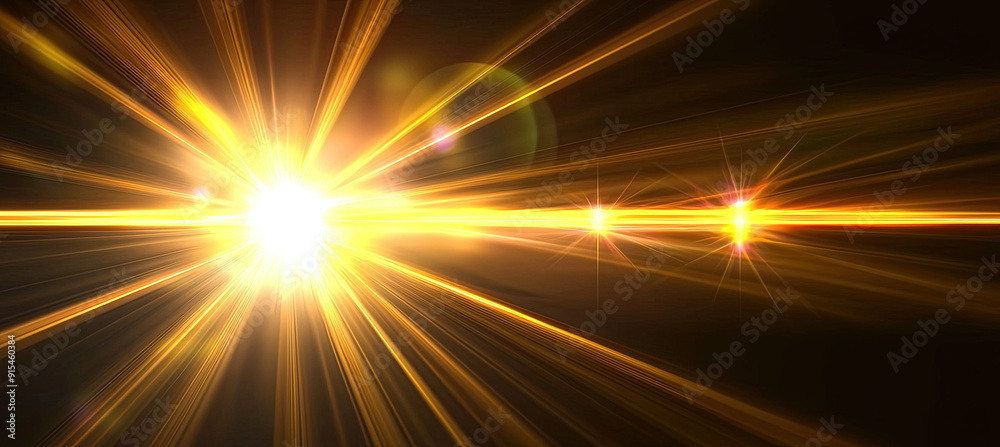 Fototapeta premium Gold Warm Color Bright Lens Flare Rays - Light Flashes and Leak Movement for Transitions on Black Background, Elegant Light Effects, Radiant Gold Glow, Dynamic Visual Highlights