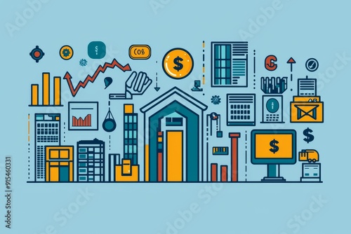 Financial and business icons on blue background representing economy and money management