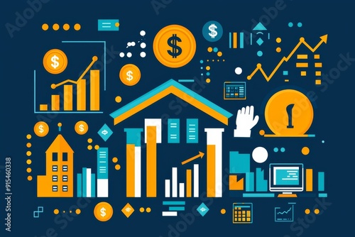 Business and financial data analysis conceptual illustration with charts, graphs, and currency symbols on a blue background