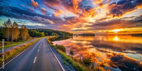 Wallpaper Mural Lake and road at sunset Torontodigital.ca