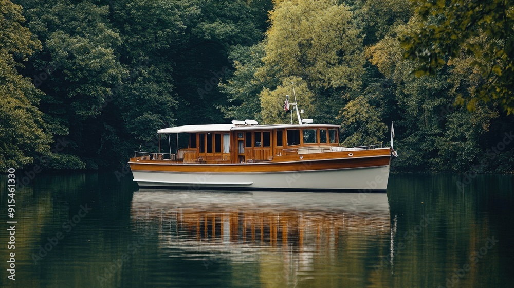 Fototapeta premium An elegant cabin cruiser on a secluded lake, surrounded by lush greenery, offering serene solitude