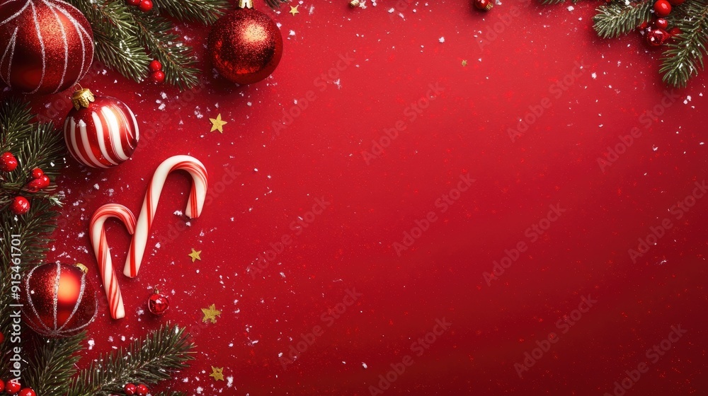 Playful Christmas background featuring dancing candy canes and ornaments, with a blank space for text. Ideal for festive greetings.