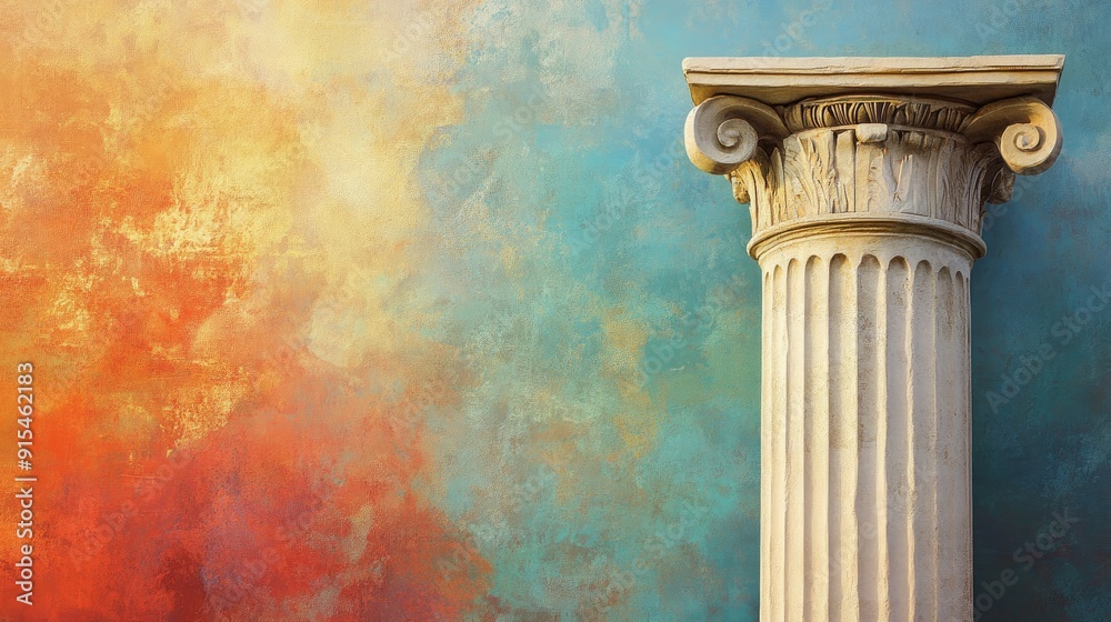 Single Roman column against a colorful abstract background, featuring a central area for text. The juxtaposition of ancient and modern styles creates a captivating image. Single Roman column against a colorful abstract background, featuring a central area for text. The juxtaposition of ancient and modern styles creates a captivating image.