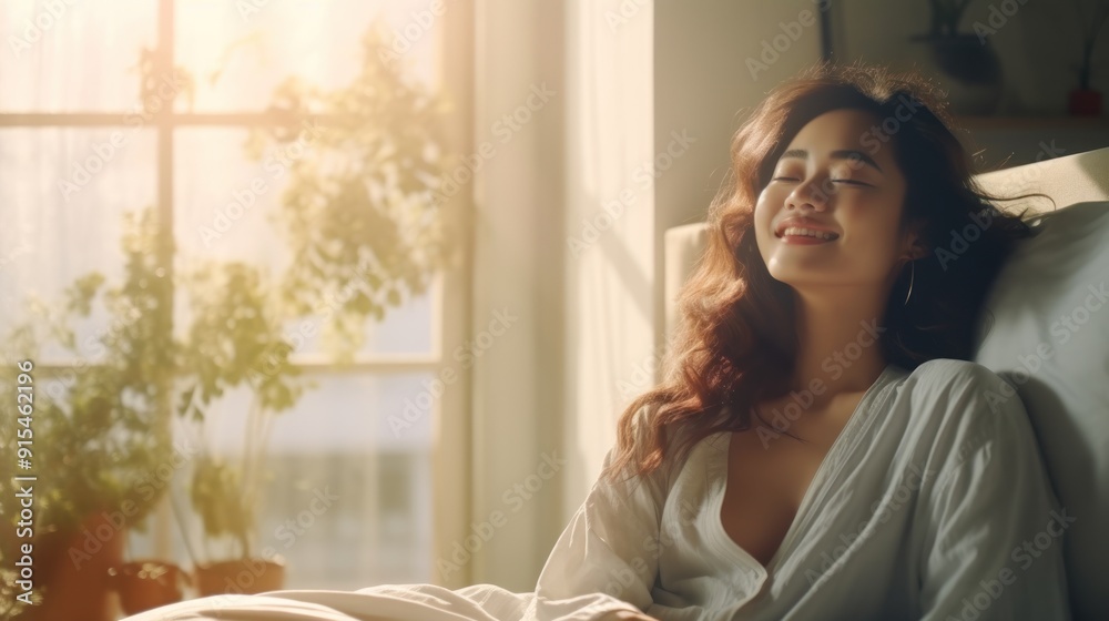 Simple lifestyle, Asian woman wakes up from good sleep on weekend morning, takes some rest, relax in comfortable bedroom at hotel window, happy lazy day, comfortable, dreaming Simple lifestyle, Asian woman wakes up from good sleep on weekend morning, takes some rest, relax in comfortable bedroom at hotel window, happy lazy day, comfortable, dreaming