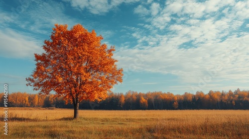 Beautiful autumn day with an orange-leaved tree standing out against a backdrop of warm-colored foliage and a serene sky.