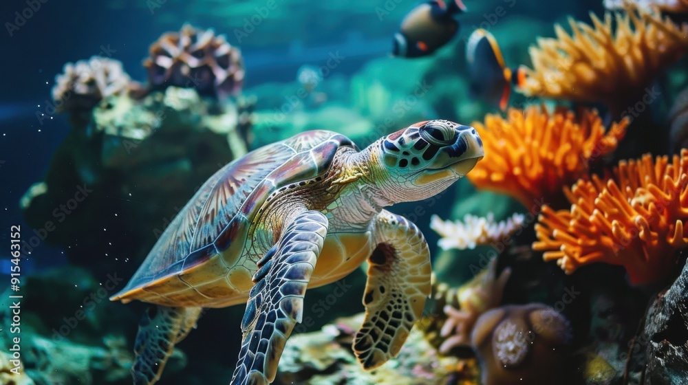 Naklejka premium Sea Turtle Serenity: A serene sea turtle glides through a vibrant coral reef, its shell shimmering with ancient wisdom, surrounded by a kaleidoscope of marine life in a breathtaking underwater