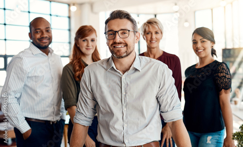 Portrait, leader and business man with group for coworking, cooperation and about us. Face, team diversity and happy manager with employees, staff or compliance officer in startup for collaboration