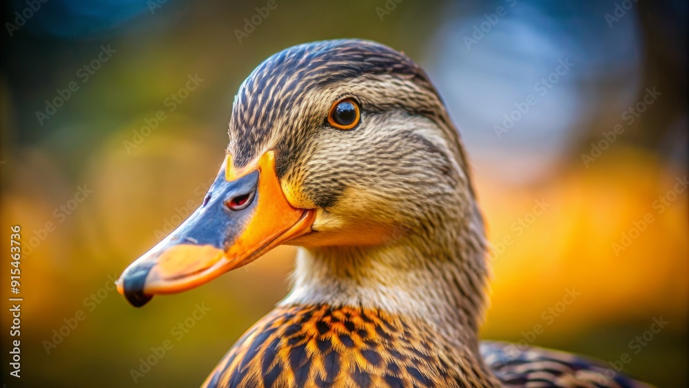 Adorable female duck's headshot, showcasing vibrant orange beak, soft feathers, and bright, inquisitive eyes, filling the frame with curiosity and charm. Adorable female duck's headshot, showcasing vibrant orange beak, soft feathers, and bright, inquisitive eyes, filling the frame with curiosity and charm.