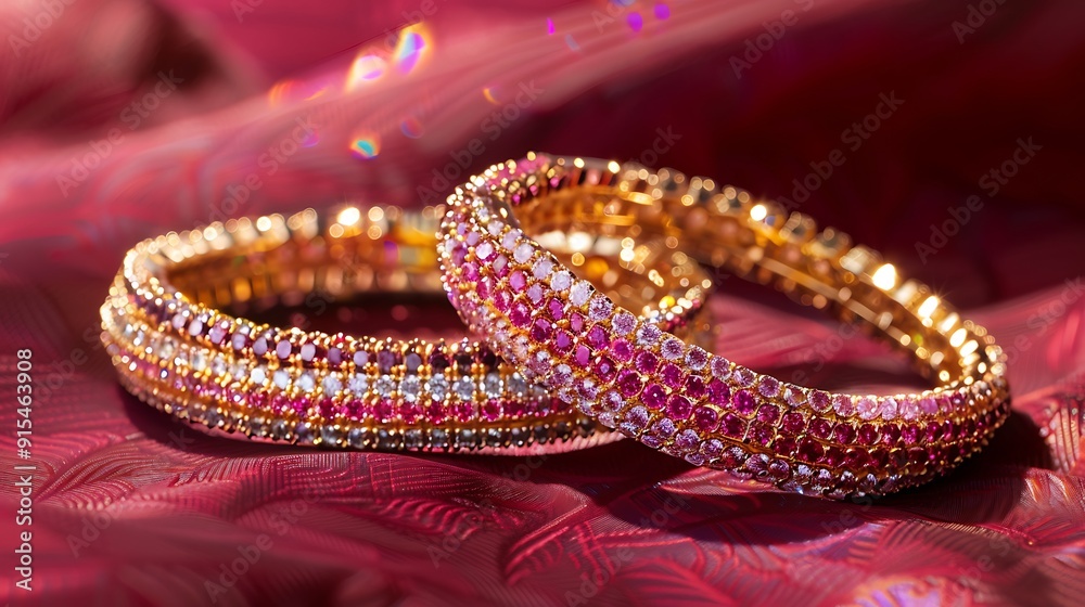 Three bracelets constructed from colored gold and diamonds with maroon background Three bracelets constructed from colored gold and diamonds with maroon background