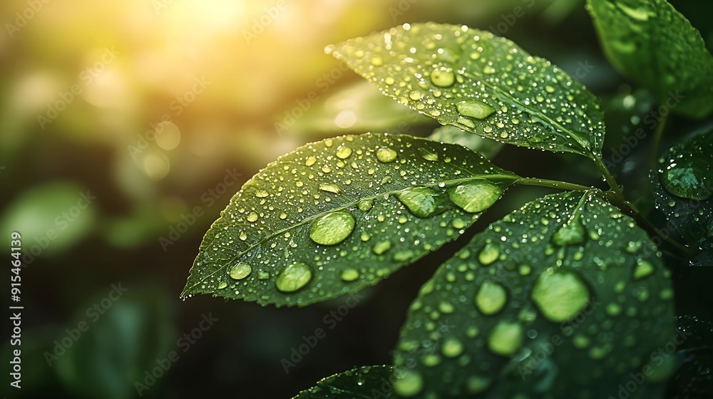 Dewdrops on Green Leaves in Sunlight Dewdrops on Green Leaves in Sunlight