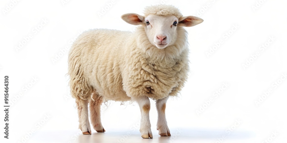 Fototapeta premium Adorable fluffy sheep with soft white fur and gentle expression stands alone on a clean white background, symbolizing innocence and rural charm.