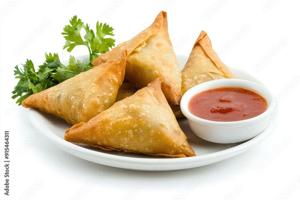 Four Fried Samosas with Red Sauce and Parsley on White Plate Four Fried Samosas with Red Sauce and Parsley on White Plate