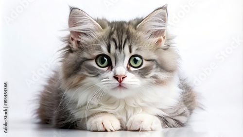 Adorable gray and white Siberian kitten with bright green eyes and fluffy fur curls up on a pristine white background, showcasing innocence and cuteness.