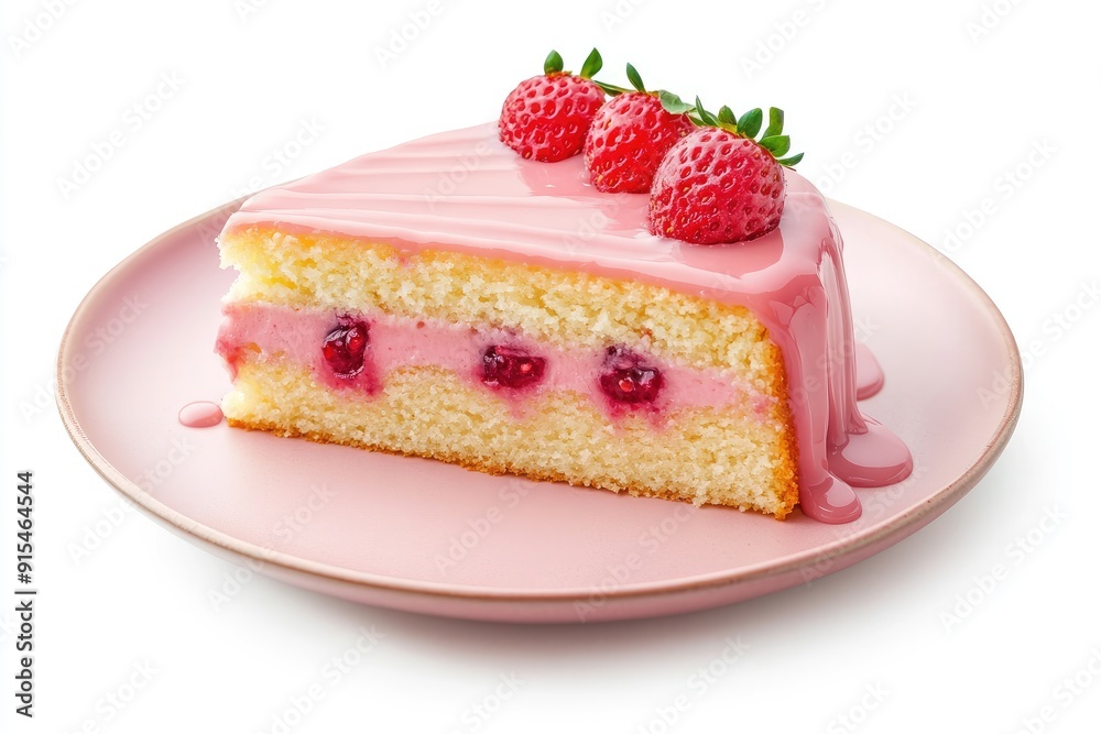 A slice of strawberry cake with pink frosting on a pink plate A slice of strawberry cake with pink frosting on a pink plate