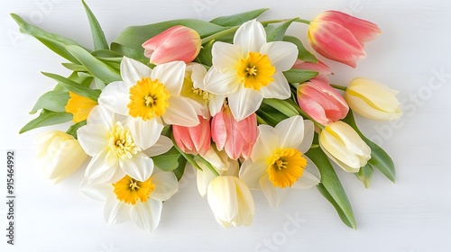 Pastel Spring Bouquet of Tulips and Daffodils on Clean White Background