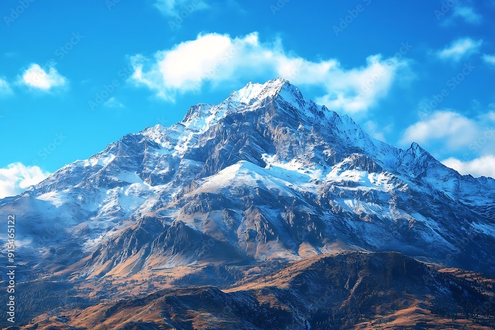 Obraz premium Snowy Mountain Peak with Blue Sky and Clouds - Realistic Image