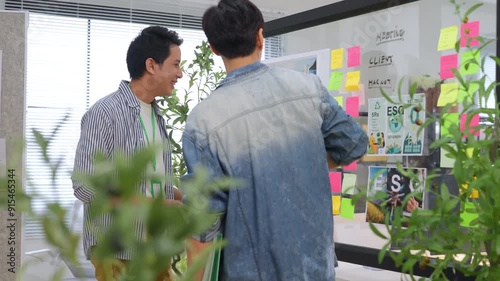 Modern office with an Asian business team sharing creative ideas. Collaborative professionals brainstorming strategies in a sleek, innovative environment, promoting teamwork and diversity photo