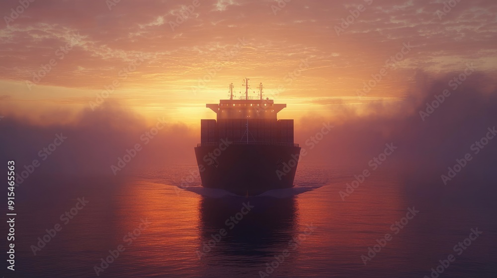 Obraz premium A cargo ship at dawn, with the first light of day breaking over the horizon, symbolizing new opportunities in global trade.