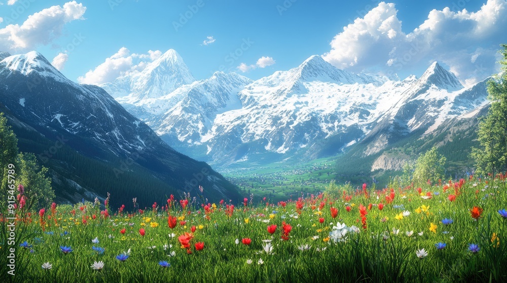 Fototapeta premium Breathtaking view of the Alps with snow-capped peaks and lush green meadows, dotted with colorful spring flowers.