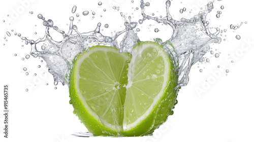 A halved lime with water splashing around it. The lime is in focus, while the water is blurred.