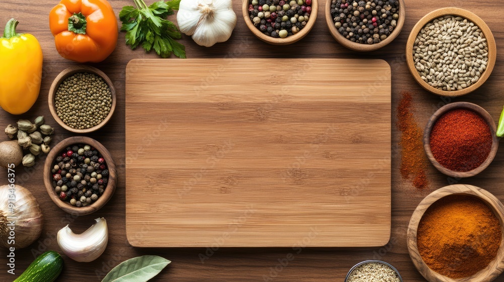 Fresh vegetables and fruits neatly arranged around a wooden cutting board in a cozy kitchen, inviting culinary creativity Fresh vegetables and fruits neatly arranged around a wooden cutting board in a cozy kitchen, inviting culinary creativity