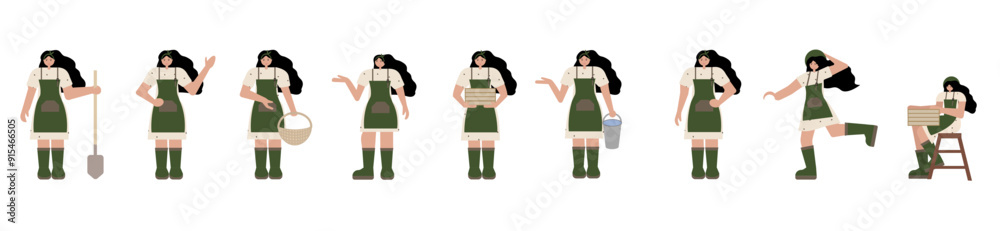 Vector illustration in flat style on white background depicting girl in various harvest poses with basket, crate, bucket, and shovel. For agricultural promotions, seasonal designs, farm life visuals. Vector illustration in flat style on white background depicting girl in various harvest poses with basket, crate, bucket, and shovel. For agricultural promotions, seasonal designs, farm life visuals.