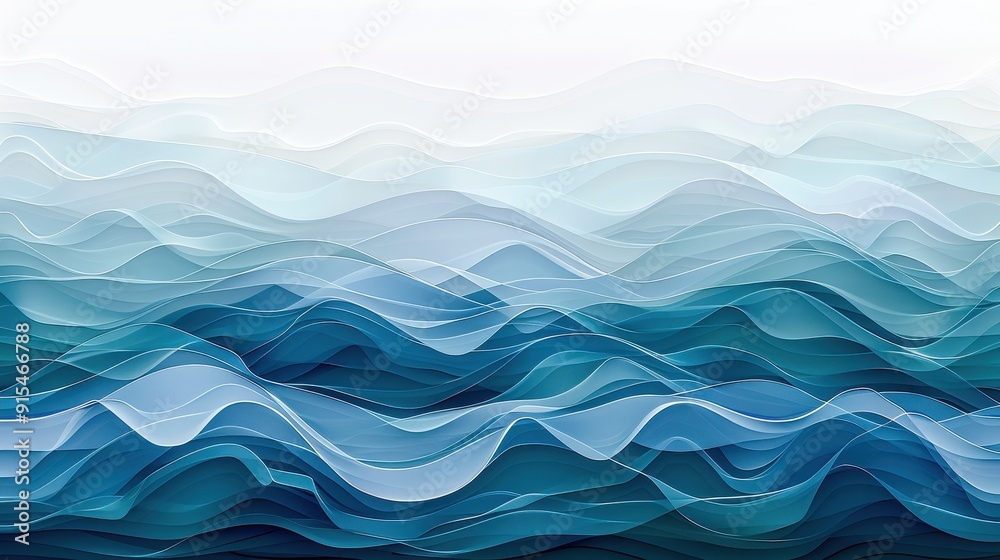 Fototapeta premium Smooth layers of blue and teal create a calm, wavy pattern resembling tranquil ocean waters
