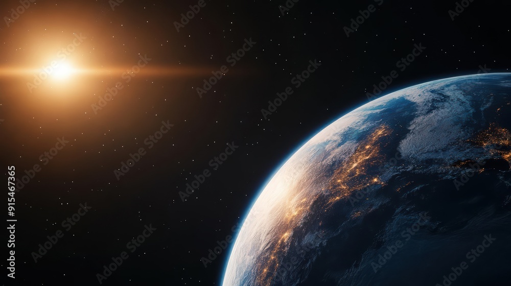 Naklejka premium Glowing Earth at sunrise from space, isolated on black background, copy space, poster for AD, dawn brilliance, highdetail, cosmic scene