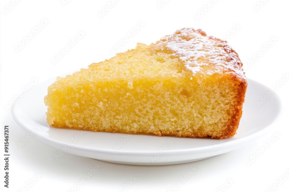 A slice of lemon cake dusted with powdered sugar A slice of lemon cake dusted with powdered sugar