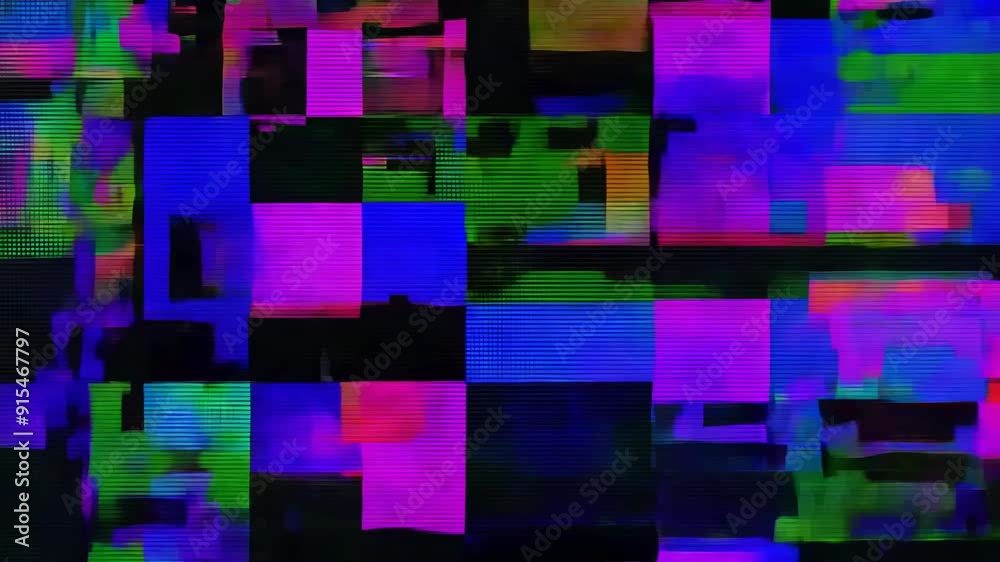 Abstract digital glitch art with vibrant green, blue, pink, and purple blocks. Digital distortion effect. Abstract digital glitch art with vibrant green, blue, pink, and purple blocks. Digital distortion effect.