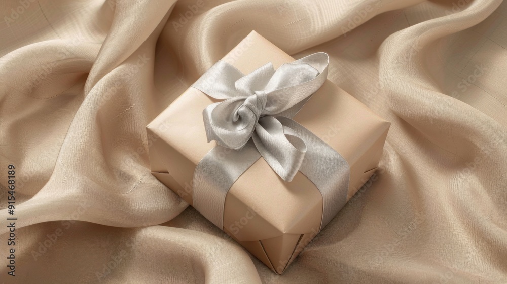 Elegant Gift Box Wrapped in Brown Paper with a Silver Bow on a Beige Silk Fabric Background Elegant Gift Box Wrapped in Brown Paper with a Silver Bow on a Beige Silk Fabric Background