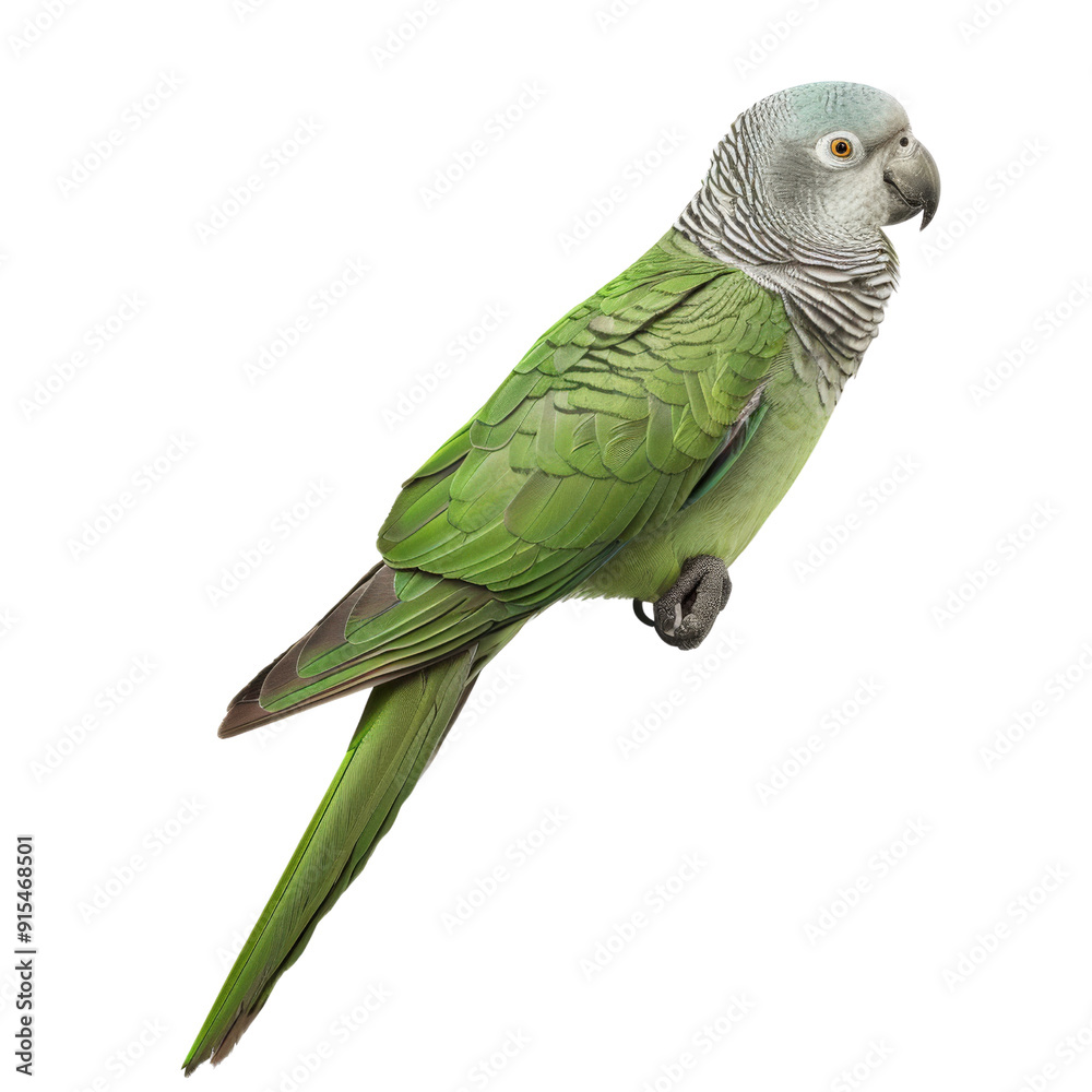 Obraz premium A vibrant green and grey parrot perches on a branch, its head tilted curiously, looking to the side.