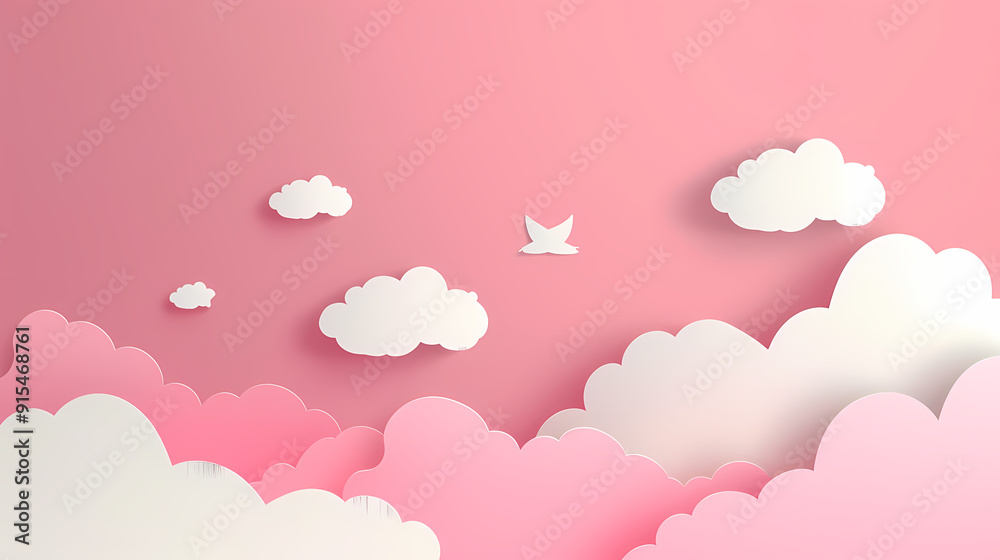 Horizontal banner with pink sky and paper cut clouds Horizontal banner with pink sky and paper cut clouds