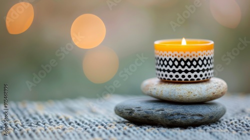 Tranquil Candle Display With Stones and Soft Bokeh Background at Dusk