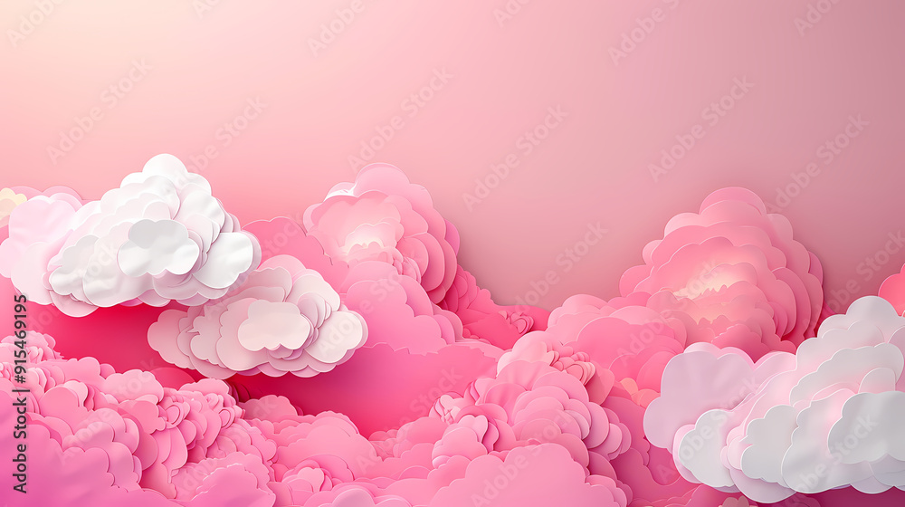 Fototapeta premium Horizontal banner with pink sky and paper cut clouds