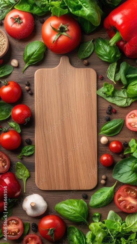 Fresh vegetables and fruits neatly arranged around a wooden cutting board in a cozy kitchen, inviting culinary creativity Fresh vegetables and fruits neatly arranged around a wooden cutting board in a cozy kitchen, inviting culinary creativity