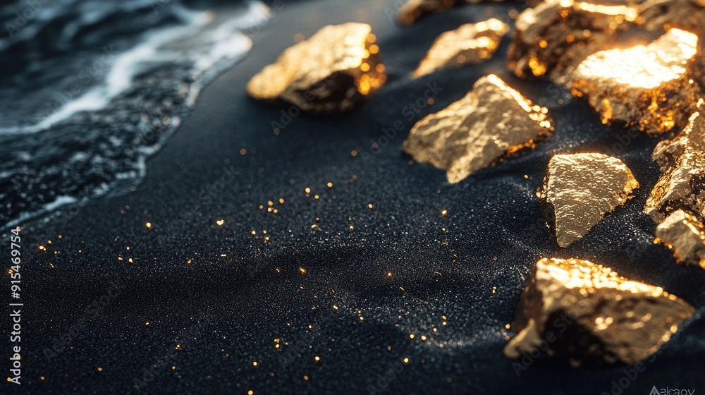 A close-up of pure gold nuggets resting on a bed of shimmering black sand, highlighting their natural luster and beauty. Perfect for showcasing raw, natural wealth.