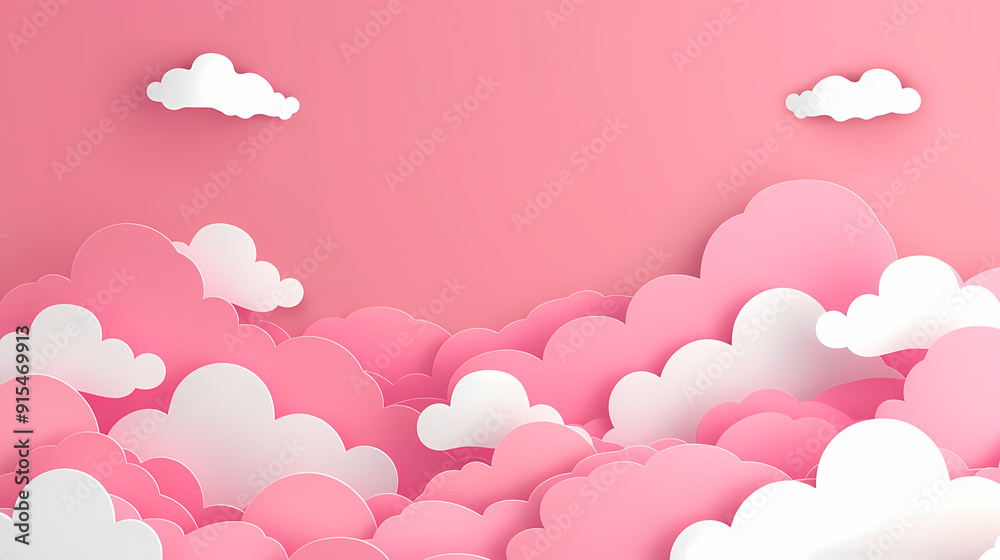 Horizontal banner with pink sky and paper cut clouds