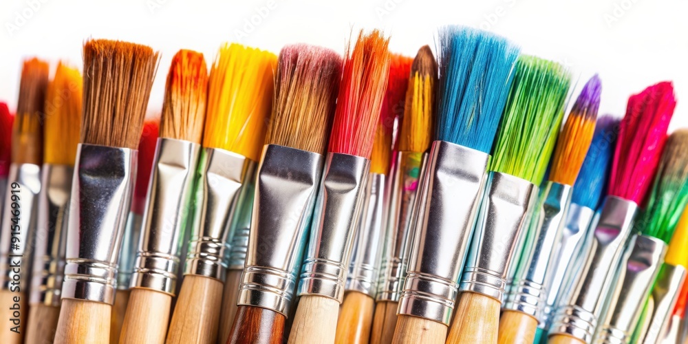 Closeup of artist paintbrushes smeared with colorful paints, isolated on white background, artistic, brushes, paint, closeup Closeup of artist paintbrushes smeared with colorful paints, isolated on white background, artistic, brushes, paint, closeup